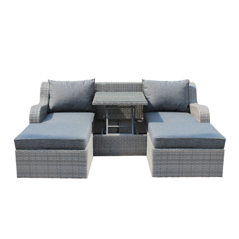 Divano con 2 Pouf Perù con Cuscini in Wicker Grigio