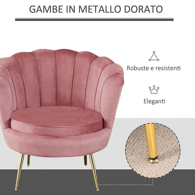 Poltrona a Conchiglia 78x73x78 cm in Velluto Vintage Piedi Oro Sofia Rosa antico