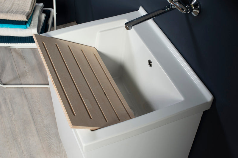 Mobile Lavatoio in Ceramica 2 Ante con Strofinatoio in Legno Massello 60x50x86A cm Bianco Opaco