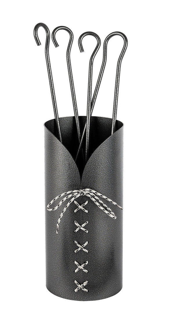 acquista Trespolo per Attrezzi Camino Cilindrico Laccio con Paletta Scopino Attizzino e Pinza Ø15,2x62 cm in Ferro Verniciato Grigio Martellato