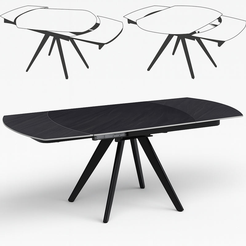 Tavolo Allungabile Piano Rotante 140-180x90x77 cm in Ceramica Effetto Marmo Nero