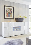Credenza Mobile Soggiorno 2 Porte 2 Cassetti e Vetrina Centrale in Melamina 181x42x84cm TFT Chequers Bianco