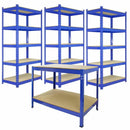 Set 3 Scaffali ad Incastro con Banco da lavoro da 120 cm e Martello Piani in MDF Struttura in Acciaio Blu
