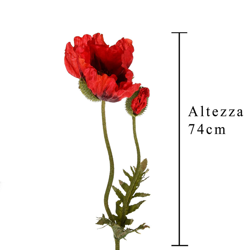 Set 3 Papaveri Artificiale con 2 Fiori Artificiali Altezza 74 cm Rosso