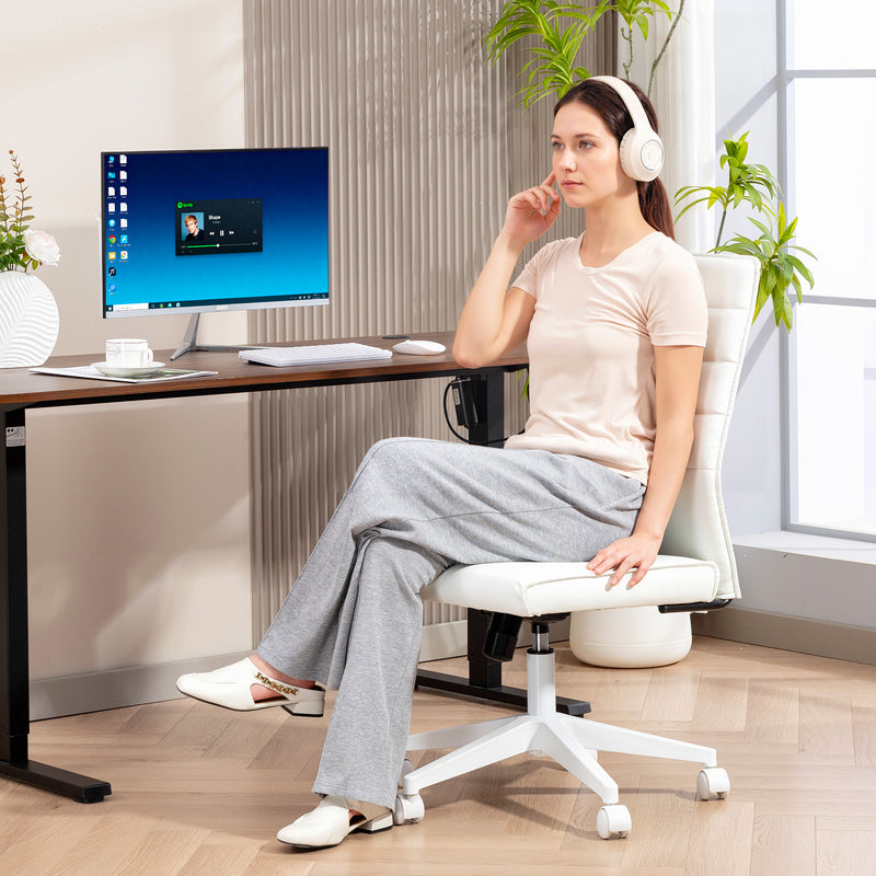 Sedia da Ufficio Ergonomica e Regolabile 58x53x97-107 cm con Schienale Ricurvo in Pelle PU e Acciaio Bianco      