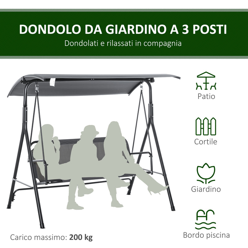 Dondolo da Giardino 3 Posti 172x110x153 cm con Tettuccio Inclinabile Grigio   