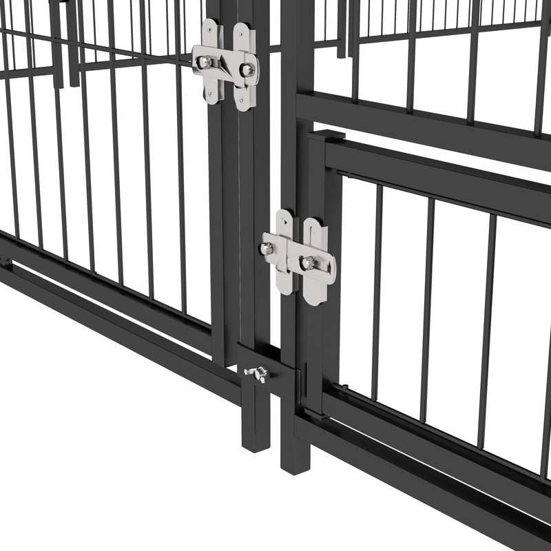 Recinto per Cani con Porticina per Ciotole 211x211x151 cm in Metallo e Tessuto Oxford Nero e Marrone