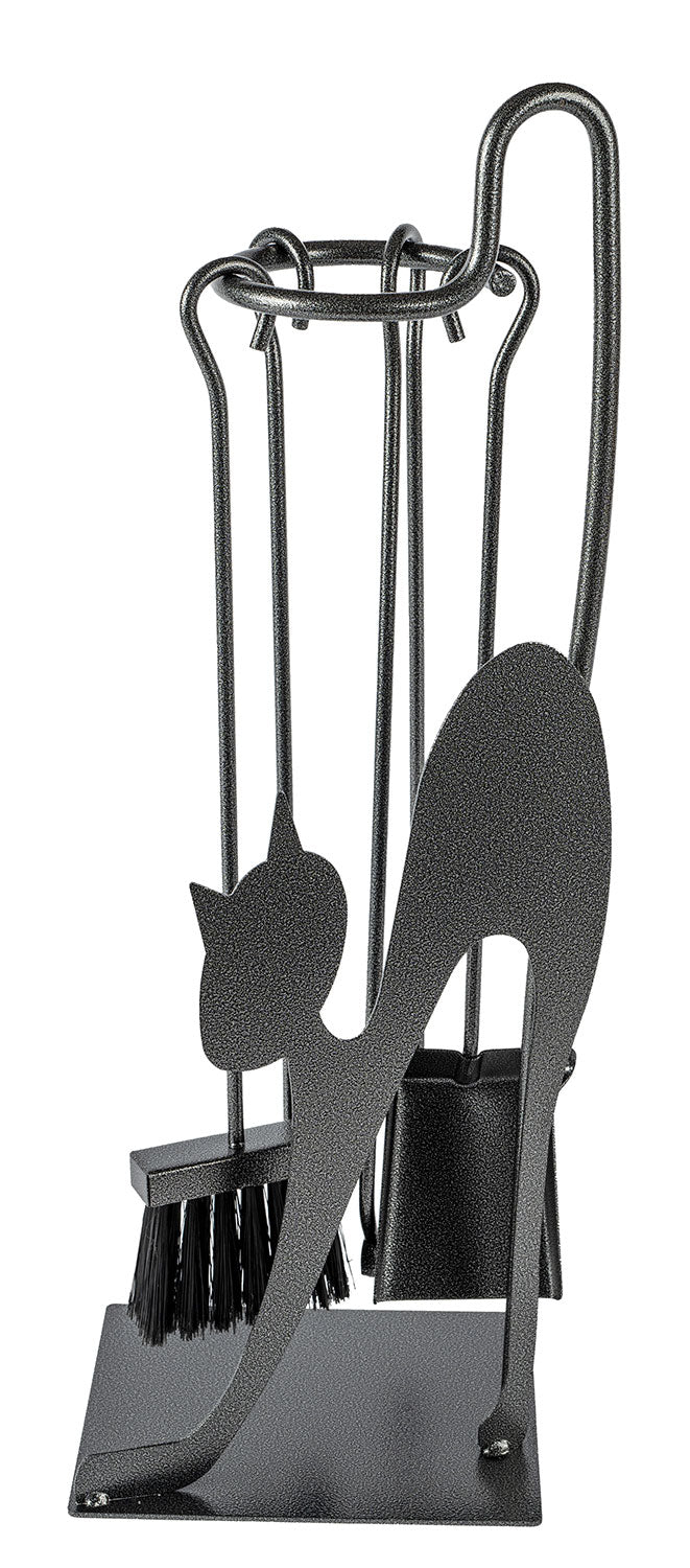 Trespolo per Attrezzi Camino Rettangolare Sagoma Gatto con Paletta Scopino Attizzino e Pinza 28x19x66 cm in Ferro Verniciato