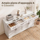 Credenza da Cucina Stile Country 140x38x80 cm con 4 Cassetti e 4 Ante in MDF Bianco      