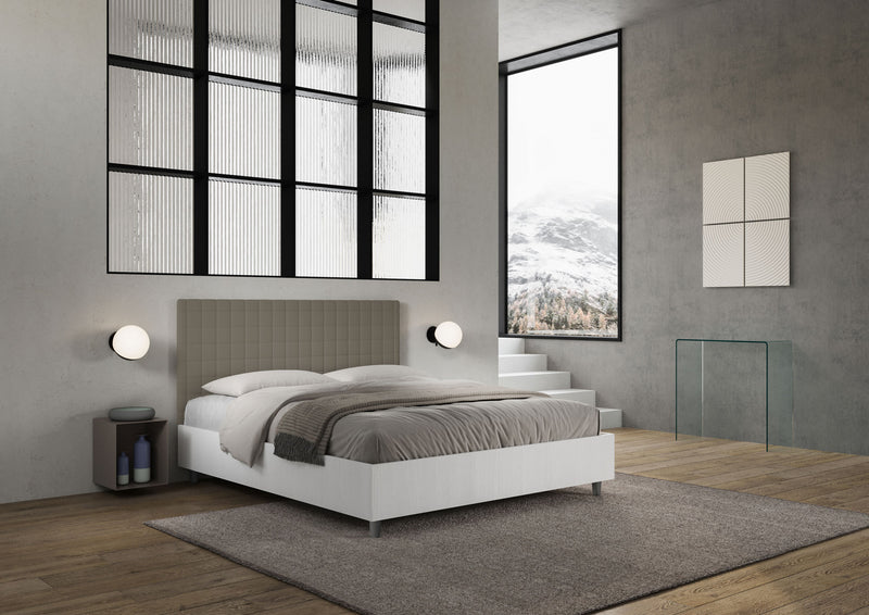 Letto Matrimoniale con Rete e Contenitore Alzata Comoda Struttura Bianco Frassico e Testata in Similpelle Burmy Cappuccino Varie Misure