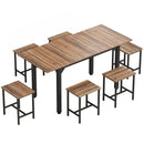 Set Pranzo con Tavolo Allungabile 160x70x78 cm e 6 Sgabelli per 4-6 Persone in Pannello Truciolare e Acciaio Nero e Noce      