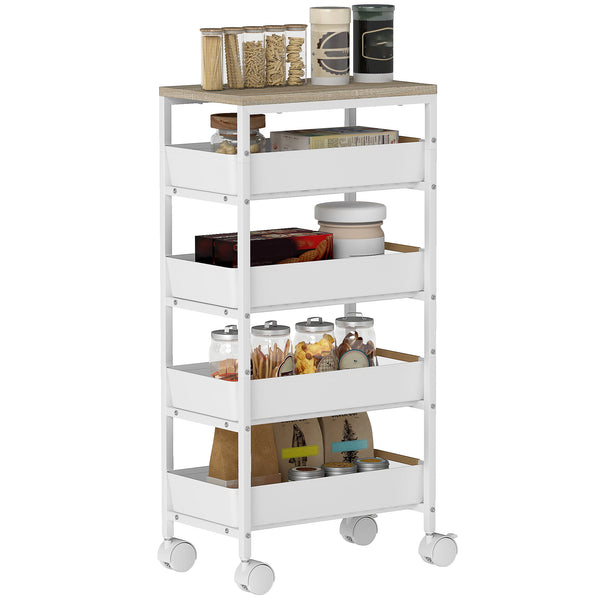 acquista Carrello da Cucina a 5 Livelli 39,5x24x82 cm con 4 Cesti Estraibili in PP e Legno Bianco