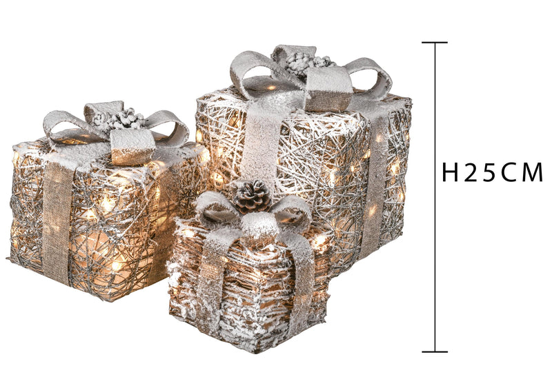 Pacchi Dono 3 Pezzi con 65 Led H25 cm in Rattan con Neve