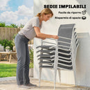 Set 7 Pezzi Pranzo da Giardino con Tavolo Rettangolare 150x90x72 cm e 6 Sedie Impilabili in Metallo e Texteline Grigio      