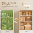 Credenza Cucina 60x35x180 cm con 2 Armadietti e un Cassetto Mensole Regolabili e Ante in Vetro in Legno Bianco      