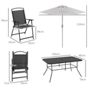 Set Tavolo con Top in Vetro 6 Sedie Pieghevoli e Ombrellone a Manovella da Giardino in Metallo e Rete Grigio e Nero