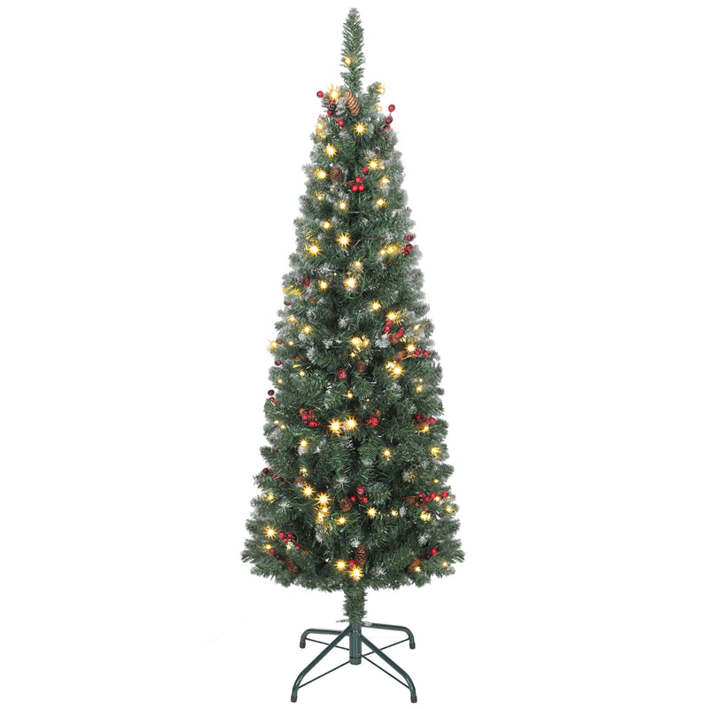 Albero di Natale Illuminato 150 cm con 150 Luci LED 30 Pigne e 30 Grappoli di Bacche Verde e Argento      