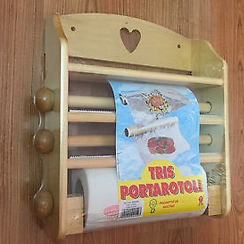 Porta Rotoli Cucina Da Parete Legno Chiaro 3 Posti Intaglio Cuore + Rotolo Carta