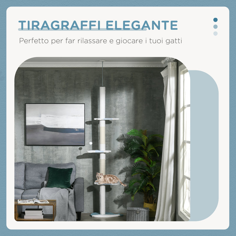 Albero Tiragraffi per Gatti a Soffitto con Palo Regolabile da 225-255 cm in Peluche Bianco  