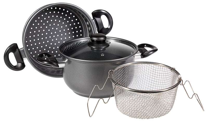 Batteria di Pentole 4 Pezzi in Alluminio Pressofuso Antiaderente Collection Set Friggi Vapo Grigio