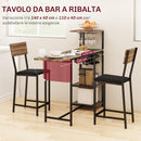 Set Bancone Bar Pieghevole e 2 Sgabelli Alti con Portavini e Portacalici Marrone   