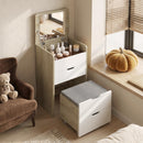 Toeletta 3 in 1 50x40x78 cm con Specchio Ribaltabile Sgabello e Cassetti in MDF Rovere e Bianco      