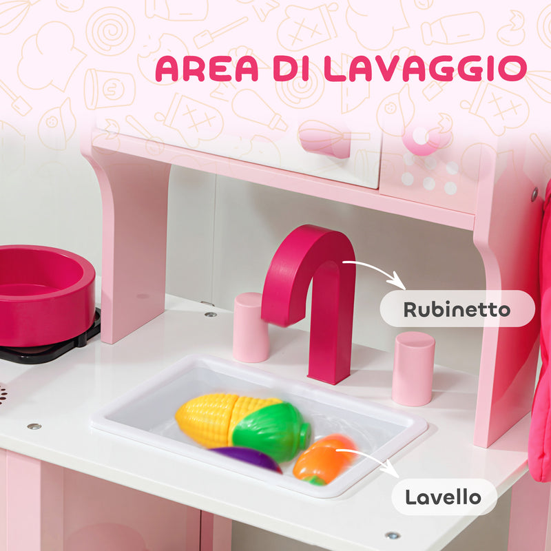 Cucina Giocattolo per Bambini 3+ Anni 55x24x86 cm con Microonde Piano Cottura e Lavandino in Legno Rosa      