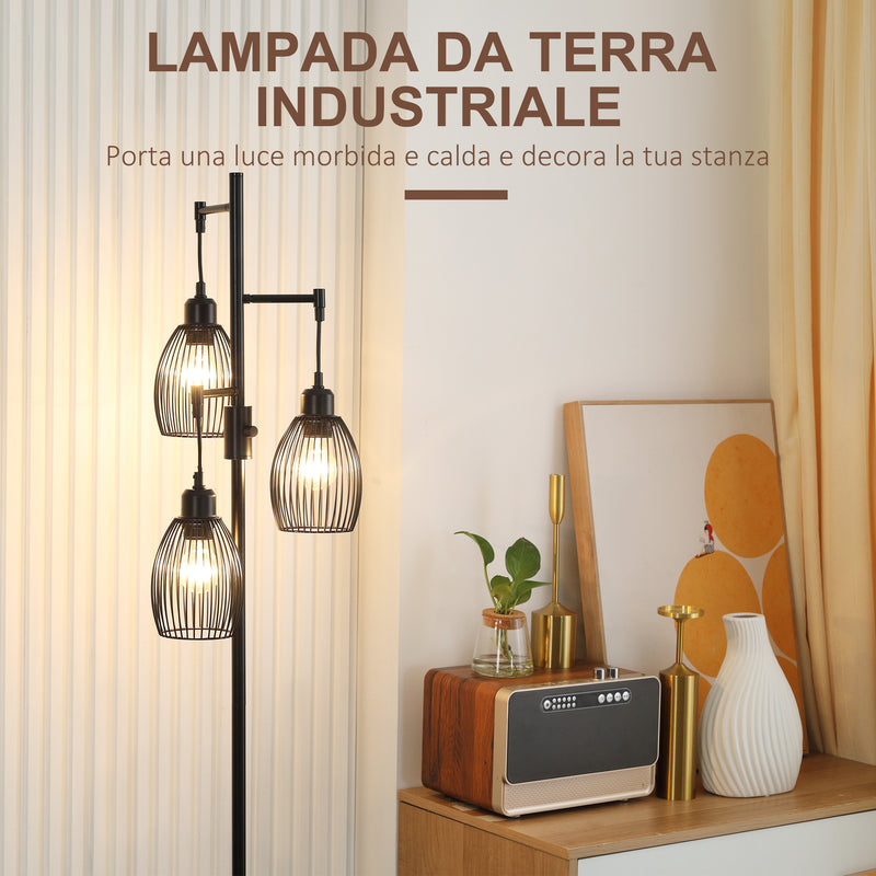 Lampada da Terra Industriale 30x30x170.5 cm con 3 Paralumi e Intensità Regolabile in Acciaio Nero      