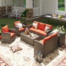 Set Salotto da Giardino 2 Divani 2 Poltrone Tavolino e Contenitore in Rattan Marrone e Arancione