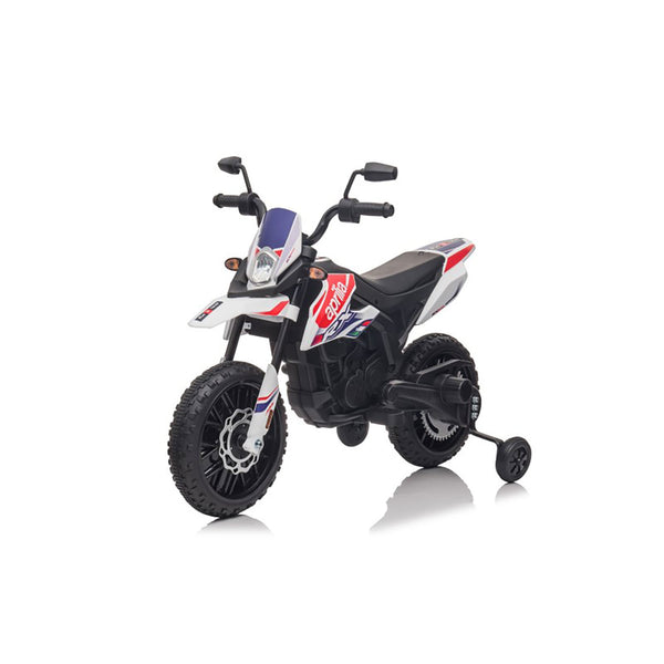sconto Moto Elettrica per Bambini Aprilia RX-125 Small 12V Cross Sedili In Pelle Luci Led Bluetooth Sospensioni a Molla Bianco