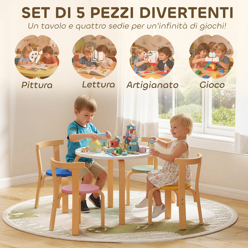 Set Tavolo e 4 Sedie per Bambini 3-8 Anni con Bordi Arrotondati in Legno Multicolore      