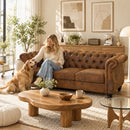 Divano 3 Posti Chesterfield 206x82x76 cm con Seduta Ampia in Tessuto Effetto Pelle Caffè      