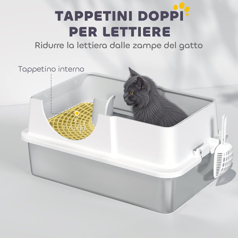 Lettiera per Gatti Chiusa 60,5x40,5x42 cm con 2 Tappetini Base in Acciaio Inox Bianca e Argento  