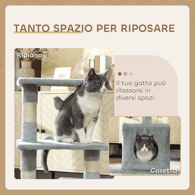 Albero Tiragraffi con Casetta e Piattaforme in Peluche 50x30x81,5 cm Pali in Sisal Grigio   
