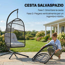 Sedia a Uovo Sospesa 105x101x196 cm con Supporto e Cinghia di Sicurezza in Metallo e Rattan PE Nero e Grigio Chiaro      
