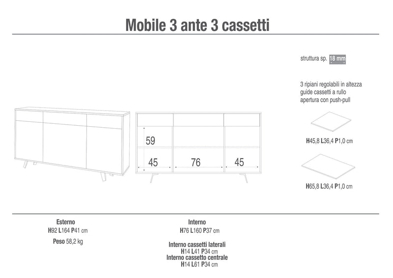 Mobile 3 Ante 3 Cassetti 164x92x41 cm Ossido Nero/Marmo Calacatta