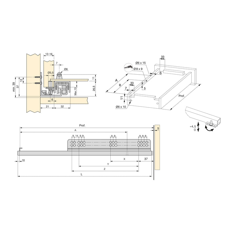 Guide a Scomparsa Slippe per Cassetti ad Estrazione Totale P240 Zincato Bianco Acciaio Emuca