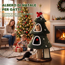 Albero Tiragraffi Natalizio per Gatti 60x60x132 cm con 2 Cucce Scala in Sisal Pali in Juta e Palline Verde      