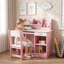 Tavolo Scrivania per Bambini 5-8 Anni 90x45x90 cm con Sedia Scaffale Mensola Estraibile e Cassetto in MDF Rosa      