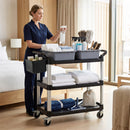 Carrello Pulizie Professionale 115x50x100 cm a 3 Ripiani con 2 Contenitori Rimovibili Bidone Laterale e 4 Ruote in PP Nero      