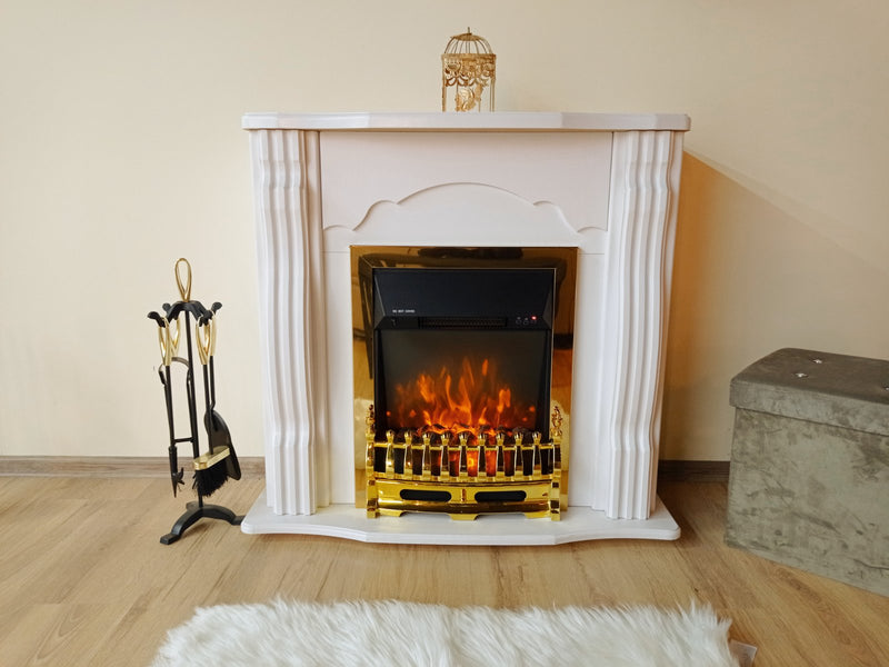 Camino Elettrico da Pavimento 88,3x95x30 cm Effetto Fiamma 2000W Classic & Galileo Gold Bianco