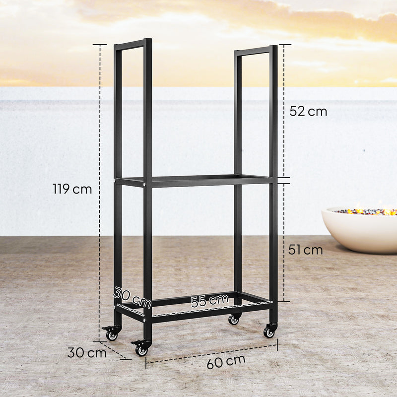 Portalegna da Esterno e Interno 60x30x119 cm a Due Livelli con Ruote in Acciaio Rinforzato Nero      