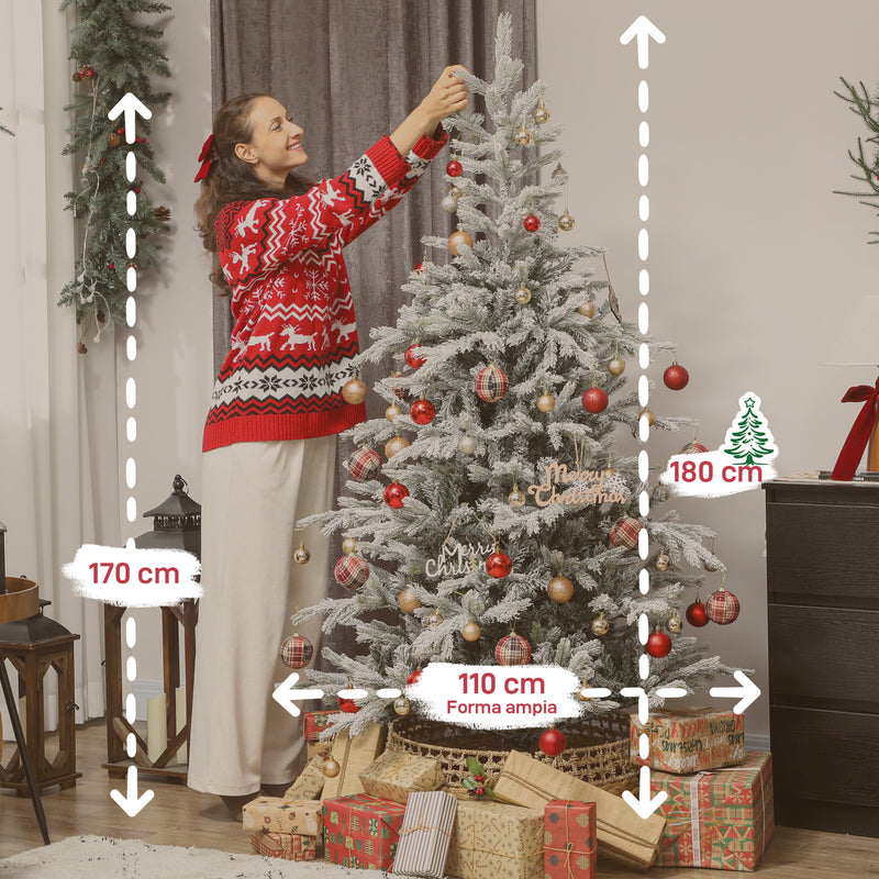 Albero di Natale Innevato Alto 180 cm con 1207 Rami Realistici e Base in Metallo Pieghevole Verde e Bianco      