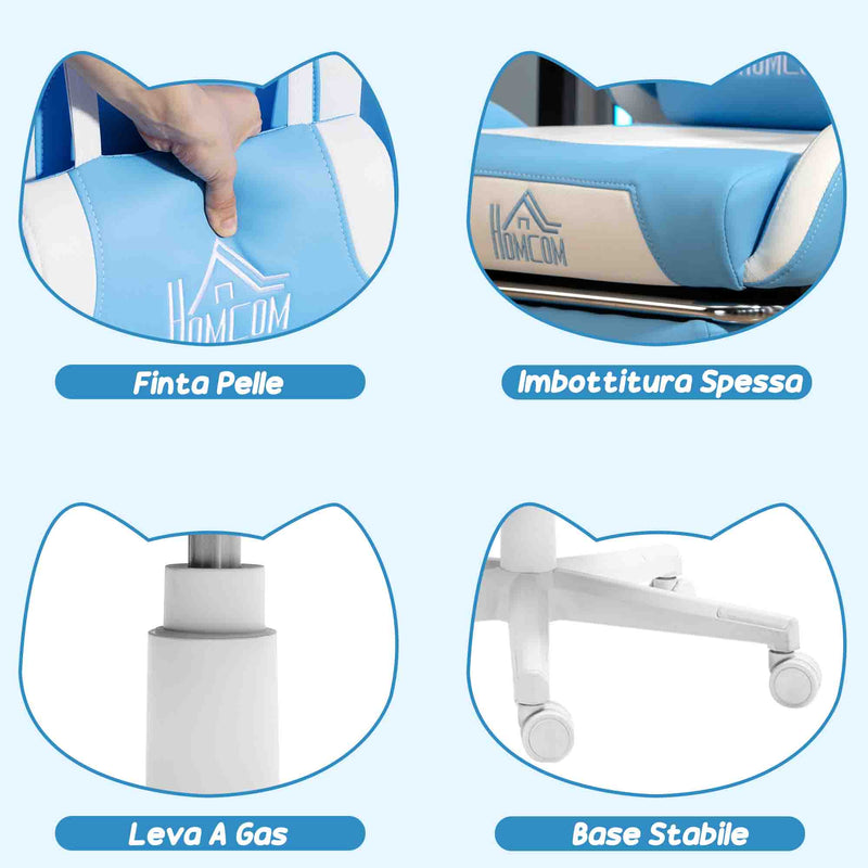 Sedia da Gaming Reclinabile 65x62x116-124 cm con Poggiapiedi e Cuscini in Finta Pelle e Spugna Bianco e Azzurro