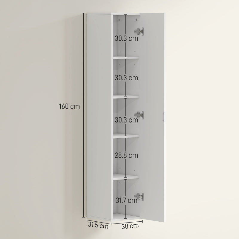 Mobile Bagno Sospeso a Colonna 30x31.5x160 cm con Ripiani Regolabili e Chiusura Soft Close in MDF Bianco      