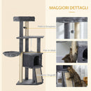 Albero Tiragraffi per Gatti 48x40x127 cm con Rampa Cesto Cuccia Amaca Pali Graffiatoi in Sisal Grigio      