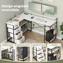 Scrivania Angolare 155x112x85,5-91,5 cm con Prese 4 Cassetti in Tessuto Rialzo Monitor e 2 Ganci Bianco e Nero      