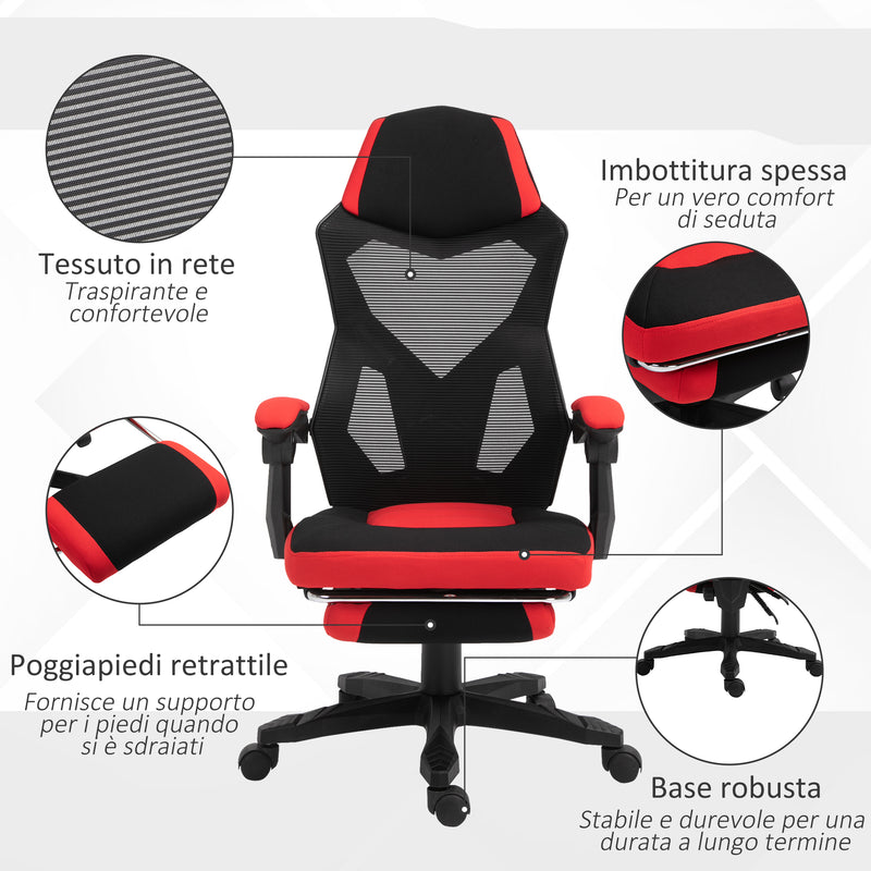 Sedia da Gaming Ergonomica e Reclinabile 58x63x112-122 cm in Tessuto a Rete Nero e Rosso 