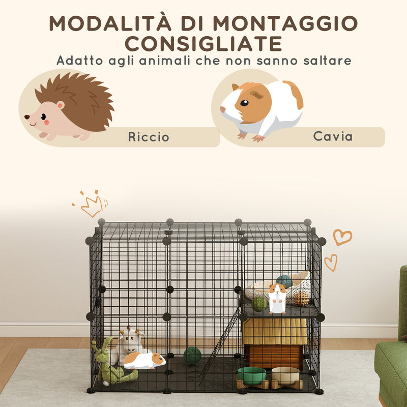 Gabbia Modulare per Conigli e Porcellini d'India Multilivello con 3 Porte e Fili d'Acciaio Nero      