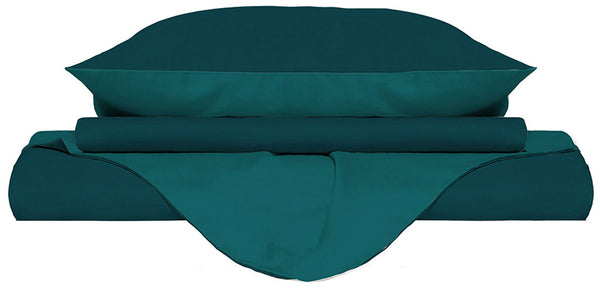 Housse de couette avec sac et taies d'oreiller réversibles vert pétrole/vert bouteille sconto